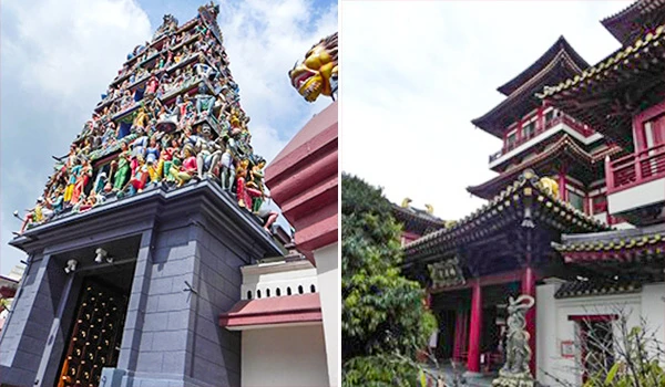 Imagem de um templo tradicional asiático, com detalhes ornamentais e estrutura imponente, localizado em um ambiente verdejante, destacando-se pela arquitetura oriental. Singapura e os pontos turísticos.