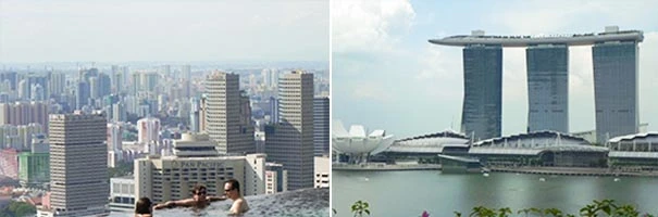 Imagem mostrando uma vista panorâmica de uma cidade com arranha-céus e um famoso hotel resort na Marina de Singapura, conhecido por sua arquitetura inovadora.