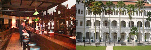 Imagem de um bar aconchegante com ambiente bem decorado e uma fachada elegante de um prédio histórico com muitos detalhes arquitetônicos, incluindo colunas e varandas com árvores ao redor, transmitindo um clima sofisticado e clássico.