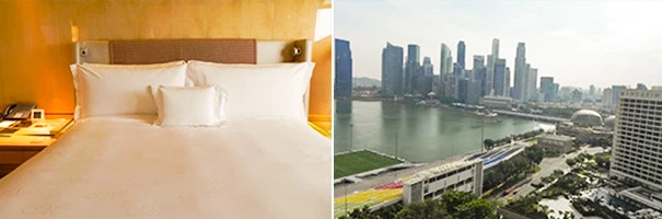 Imagem que apresenta um quarto de hotel confortável ao lado de uma vista panorâmica de uma cidade moderna com arranha-céus e rio, ideal para hospedagem e turismo urbano.
