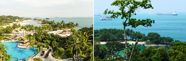 Imagem dividida mostrando vistas panorâmicas de praias exuberantes e áreas verdes, perfeita para quem busca destinos de praia e natureza com toques de luxo.