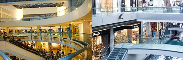 Imagem de shopping centers modernos com muitas lojas, corredores amplos e iluminação eficiente, ideal para quem busca compras e lazer. Singapura e os pontos turísticos.