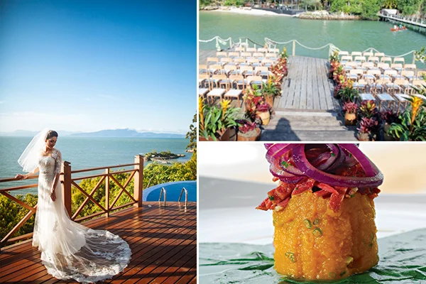 Três fotos compostas com uma noiva em deck na piscina e vista do mar. Outra com cadeiras preparadas para convidados e um petisco a ser servido no casamento em Ponta dos Ganchos.