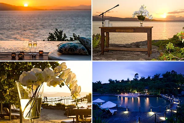 4 fotos composta, uma com deck a beira mar e 2 taças, outro com o ambiente preparado para o casamento, outra da decoração e por ultimo a piscina. Lugar perfeito para o o casamento em Ponta dos Ganchos.