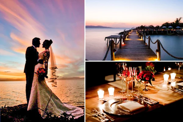 Três foos do Casamento no Ponta do Ganchos, com casal de noivos, passarela sobre o mar e mesa para jarntar.