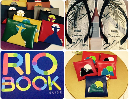Conjunto de acessórios e produtos com design criativo, incluindo bolsas com estampas variadas, sandálias elegantes, e uma revista ou guia chamada 'RIO BOOK'. Produtos coloridos e modernos, ideais para quem busca estilo e inovação.