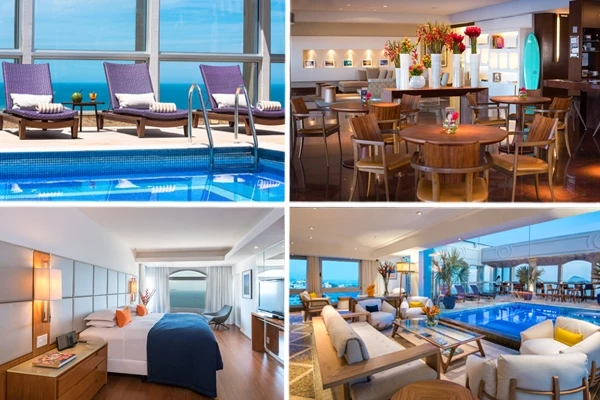 Imagem de um hotel de luxo com piscina de borda infinita, área de lounge ao ar livre, quartos confortáveis com vista para o mar e espaço de alimentação sofisticado, ideal para relaxar e desfrutar de férias de alto padrão.