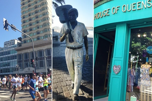 Imagem de uma rua movimentada com pessoas correndo, uma estátua de um homem com chapéu carregando uma bolsa e uma loja chamada House of Queens, Viagens para Ipanema.