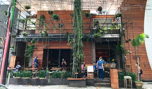 Fachada de restaurante com madeira e plantas suspensas, com várias pessoas desfrutando do ambiente ao ar livre, decorado com vegetação e iluminação moderna.