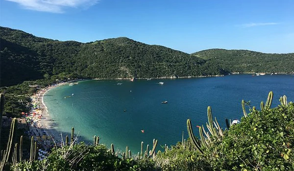 Paisagem de uma praia paradisíaca com águas cristalinas, areia branca e vegetação exuberante ao redor, ideal para turismo e lazer na natureza.