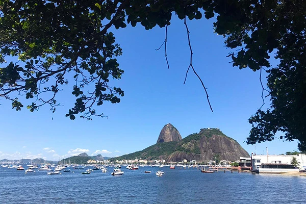 Vista da Baía de Guanabara no Rio de Janeiro com o Pão de Açúcar ao fundo e barcos navegando na água, com árvores emoldurando a cena.