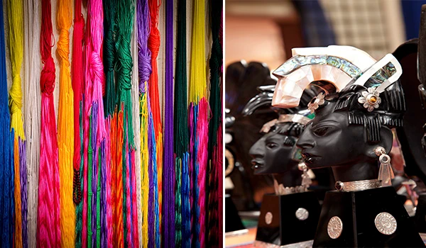 Imagem de fios de lã coloridos e acessórios de moda feitos de cabelo sintético e couro preto, exibindo variedade de cores e estilos de artesanato.