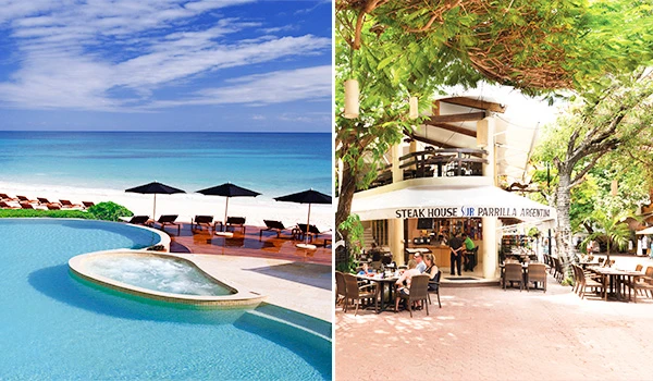 Imagem de vistas deslumbrantes de um hotel com piscina de borda infinita de água cristalina com espreguiçadeiras na praia e um restaurante ao ar livre com árvores ao redor convidando para uma experiência de lazer e descanso.