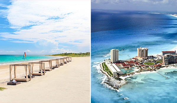 Imagem comparando praias paradisíacas, destacando a beleza do litoral com areia branca e águas cristalinas, ideal para praias e destinos turísticos. Viagem ao México.