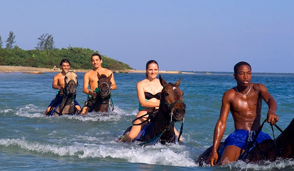 Grupo de jovens praticando passeio a cavalo na praia, com mar azul e céu claro ao fundo, desfrutando uma manhã de diversão à beira-mar.