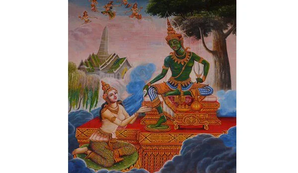 Ilustração de temática hindu mostrando uma divindade de pele azul-esverdeada sentada em um trono ornamentado, acompanhada por uma figura ajoelhada. A cena apresenta vestimentas e joias coloridas, arquitetura de templo ao fundo, árvores e nuvens, em estilo de pintura tradicional.