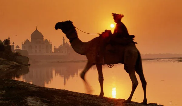 Um camelo com um cavaleiro atravessa a margem de um rio ao pôr do sol, em silhueta, tendo o Taj Mahal ao fundo refletido na água.