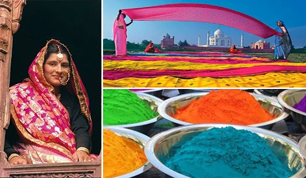 Colagem de imagens que representam a cultura indiana: uma mulher usando traje tradicional, o Taj Mahal ao fundo de um cenário colorido e recipientes com pós coloridos usados em celebrações.