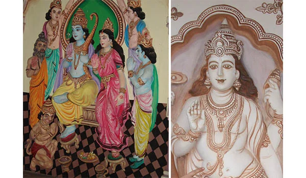 Pintura religiosa hinduísta com várias figuras divinas ricamente ornamentadas. À esquerda, uma divindade de pele azul está sentada ao lado de uma figura feminina vestida de rosa, cercadas por outras figuras. À direita, aparece um retrato de uma divindade de pele clara, com cabelos longos, joias e ornamentos, representada em postura frontal.
