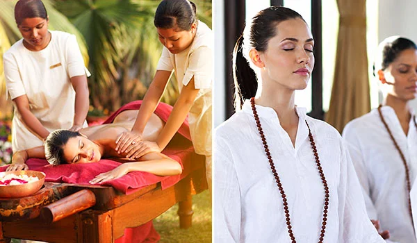 Duas cenas relacionadas a práticas de bem-estar na Índia: à esquerda, duas profissionais realizam uma massagem em uma mulher deitada em uma maca; à direita, duas mulheres vestidas de branco participam de uma prática de meditação ou yoga, com uma delas em primeiro plano usando um colar de contas.