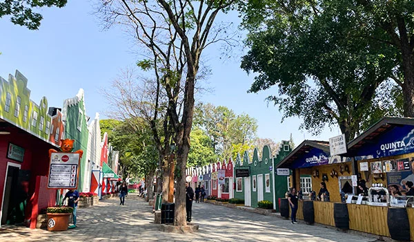 Foto de uma das principais ruas do Parque da Expoflora com arquitetura típica e colorida da Holanda, flores de Holambra na Expoflora