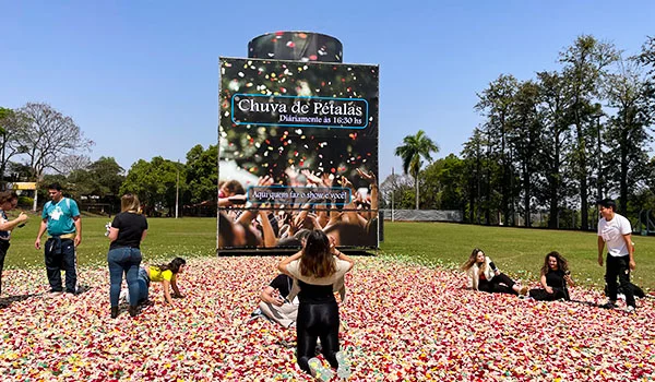 Campo com chuva de pétalas de flores com várias pessoas se divertindo.