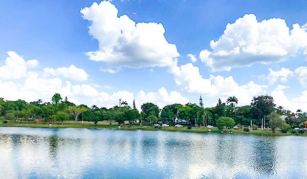 Foto do lago Vitória Régia em Holambra, cercado de árvores e gramados.