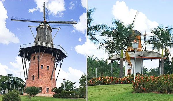 2 fotos, do Moinho de Holambra que se localiza na entrada da cidade.