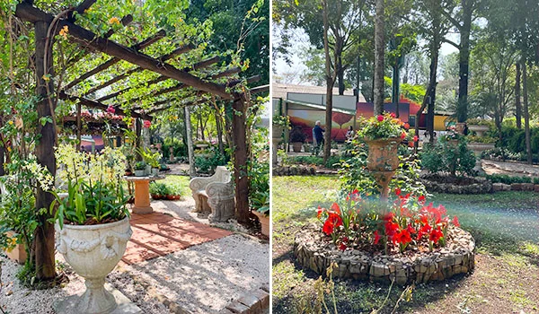 Duas fots de recantos de jardim ao ar livre com Flores de Holambra na Expoflora.