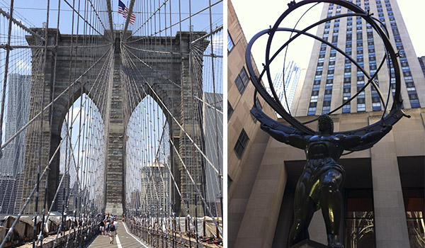 2 fotos, uma da Ponto do Brooklyn e outra do Rockfeler Center