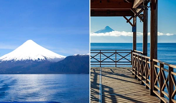 Paisagem do Sul do Chile com vista para o vulcão destacando um cenário de relaxamento à beira da água com uma estrutura de madeira.