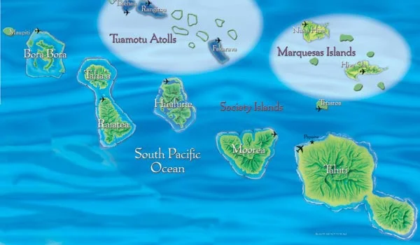 Mapa ilustrado do Pacífico Sul mostrando as principais ilhas e arquipélagos da Polinésia Francesa, incluindo Taiti, Moorea, Bora Bora, Raiatea, Huahine, Taha’a, Tuamotu e Ilhas Marquesas. O oceano aparece em azul, e as ilhas são representadas em verde.