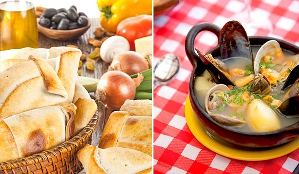 Sabores tradicionais da comida mexicana com tacos de carne ao lado de uma saborosa receita de sopa de marisco com frutos do mar, pratos típicos da culinária chilena.