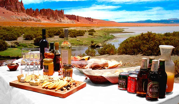 Imagem de um piquenique ao ar livre com vista para o Deserto do Atacama, incluindo queijos, vinhos, cervejas, e alimentos variados, ideal para momentos de lazer e confraternização na natureza. Chile pontos turísticos.