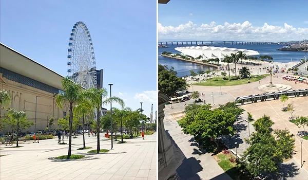 Imagem mostrando duas vistas de uma cidade com atrações turísticas, incluindo uma roda gigante e uma orla marítima com calçadão e árvores. Ótimo para quem busca informações sobre pontos turísticos e atividades de lazer.