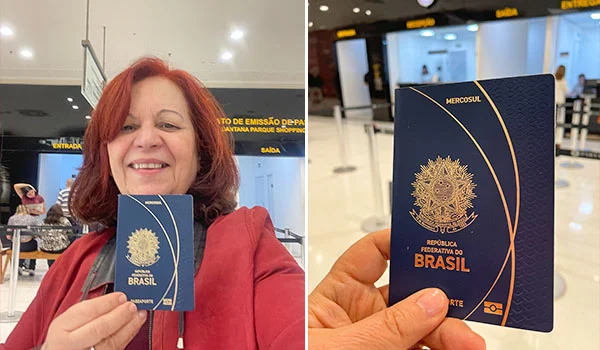 Foto dividida em duas partes. À esquerda, Deusa Rodrigues, segura um passaporte brasileiro diante de um balcão de aeroporto. À direita, um close do passaporte da República Federativa do Brasil, do Mercosul, sendo segurado por uma mão. Ao fundo, aparecem áreas de atendimento e sinalizações do aeroporto.
