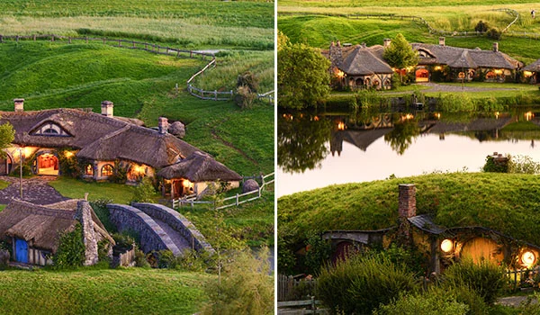 Cenário do filme Senhor dos Anéis, em Robbiton com vista áerea das casinhas em meio ao verde do campo.