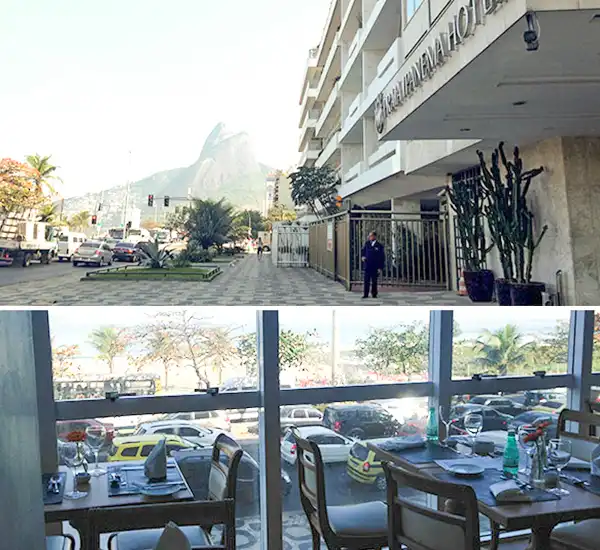 Imagem de um hotel na cidade com vista para o Pão de Açúcar ao fundo e uma área interna de restaurante com mesa posta ao lado de janelas. Ideal para turistas que buscam hospedagem na região do Rio de Janeiro.