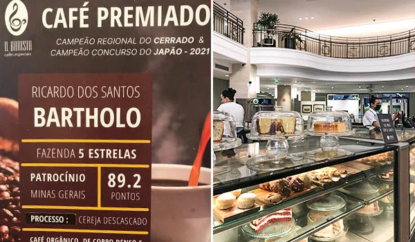 Café premiado com certificado para Ricardo dos Santos Bartholo, destaque regional do Cerrado na disputa do Japão 2021, com pontuação de 89.2 pontos, em uma cafeteria moderna.
