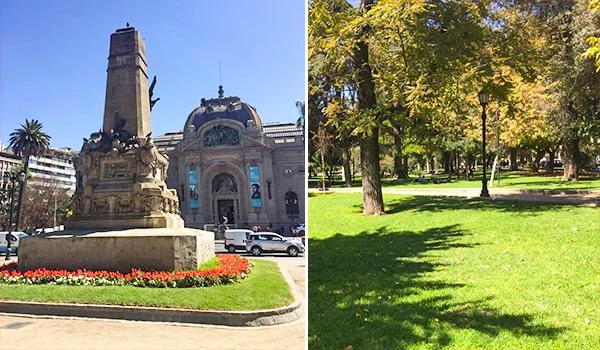 Imagem mostrando um monumento público clássico na cidade em um lado e um parque verde com árvores no outro, ambos ambientes ao ar livre.