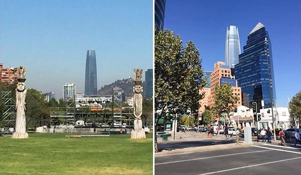 Imagem comparativa de dois arranha-céus em diferentes cidades, destacando o contraste entre construções modernas e antigas, com céu claro e ambientes urbanos.