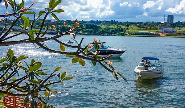 Vista da orla com um barco pequeno ancorado em um lago ou rio, água azul com ondas ao fundo e vegetação com folhas e galhos em primeiro plano, com cidade e prédios ao longe.