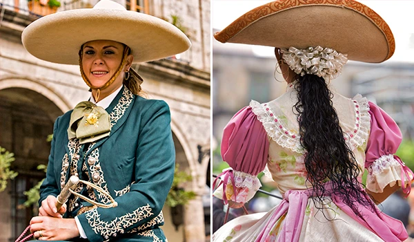 Mulheres vestidas com traje tradicional mexicano, usando chapéu grande, na celebração Cultural em ambiente ao ar livre.