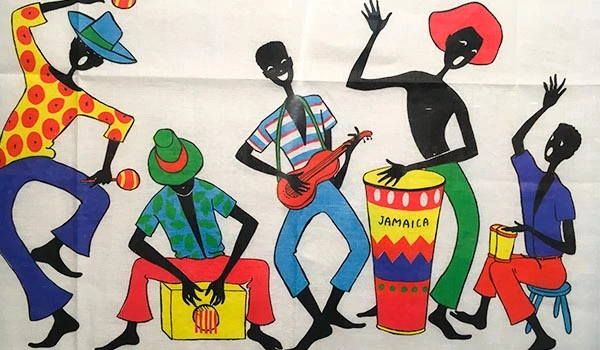 Ilustração de uma banda jamaicana com cinco músicos tocando instrumentos tradicionais, usando roupas coloridas e chapéus, representando a cultura musical da Jamaica.