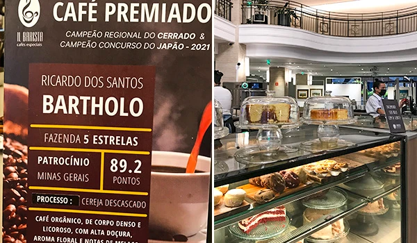 Foto de uma premiada cafeteria do projeto Fazenda 5 Estrelas, com detalhes do processo de preparação de cafés especiais e ambiente interno e elegante.