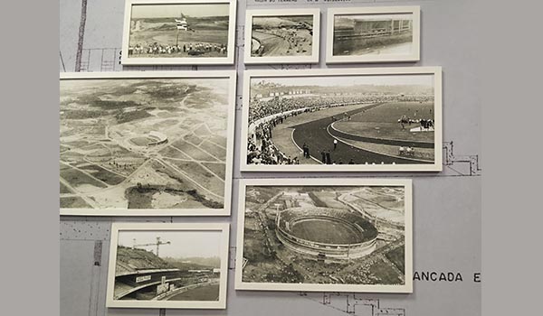 Fotos antigas em branco e preto sobre o terreno e construção do Estádio do Morumbis visitação.