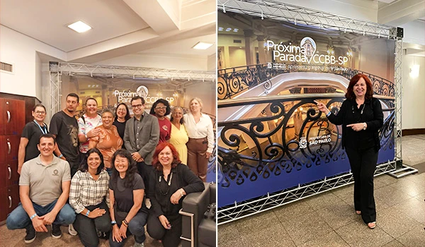 Grupo de pessoas em evento na cidade de São Paulo, com destaque para uma mulher sorridente ao lado de um palco de apresentação, promovendo o evento 'Próxima Parada CCBB em São Paulo.