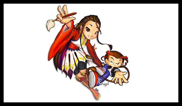 Ilustração em estilo mangá de uma jovem com cabelos castanhos, vestindo roupas coloridas e segurando um pincel na mão levantada, ao lado de um menino sorridente com uma faixa vermelha na cabeça. Ambos aparecem em uma pose dinâmica e divertida, sobre um fundo branco.