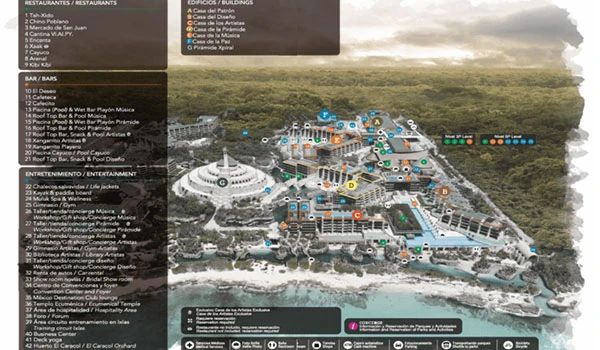 Mapa de um complexo turístico e de entretenimento mostrando restaurantes, bares, áreas de entretenimento e hospedagem em um cenário costeiro, com destaque para diversas opções de lazer e gastronomia.