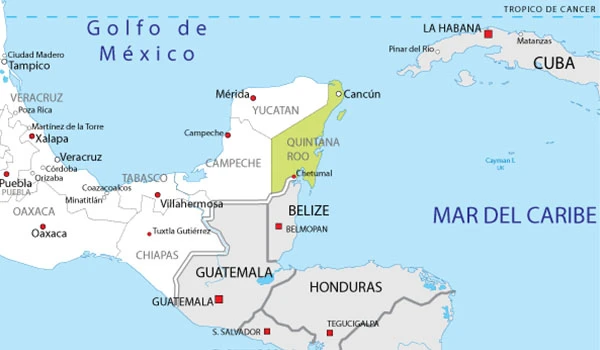 Mapa do Golfo do México e Caribe com destaque para México, Belize, Guatemala, Cuba, Honduras e México. Região norte da América Central e Caribe.